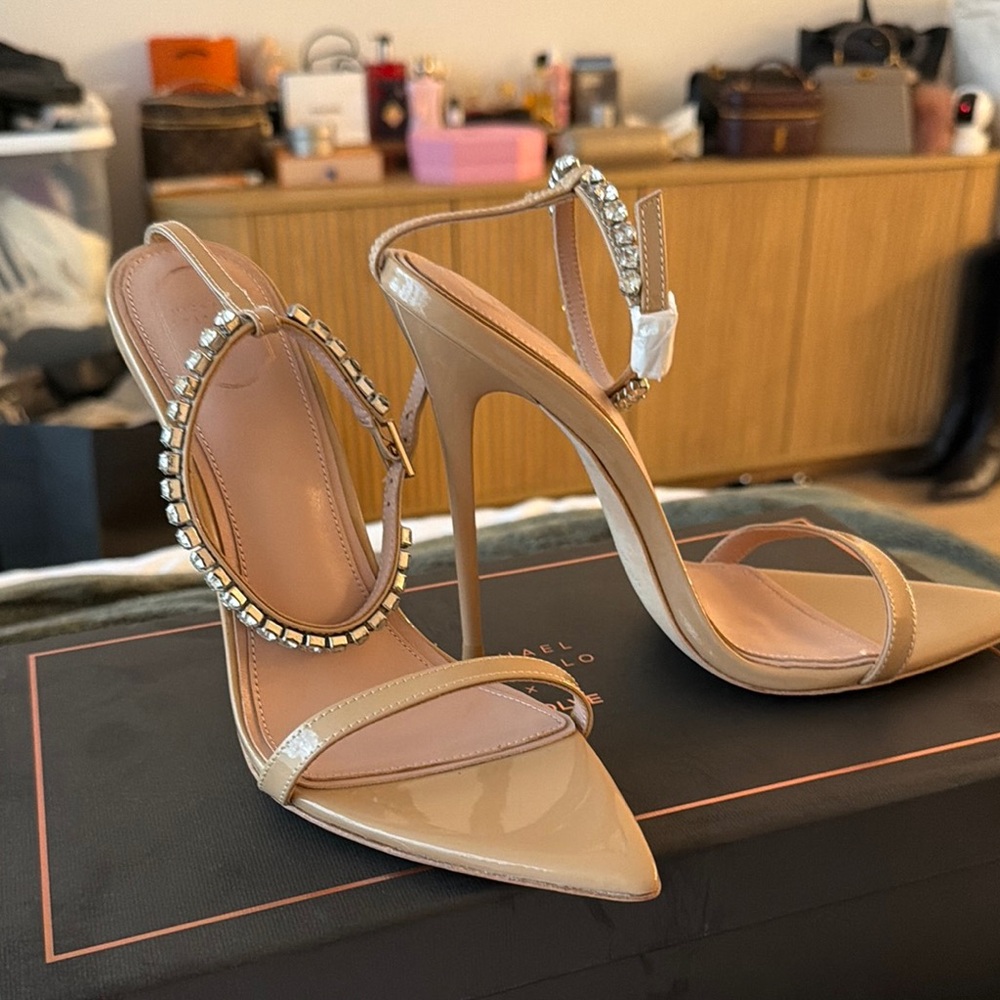 Chic Beige Stiletto Heels with Rhinestone Detailing